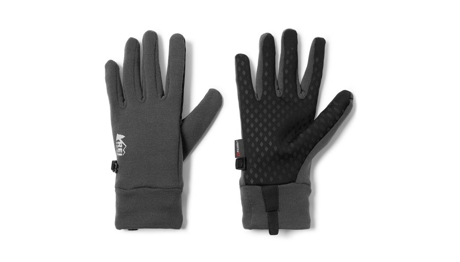 Image of gray gloves, front and back. 